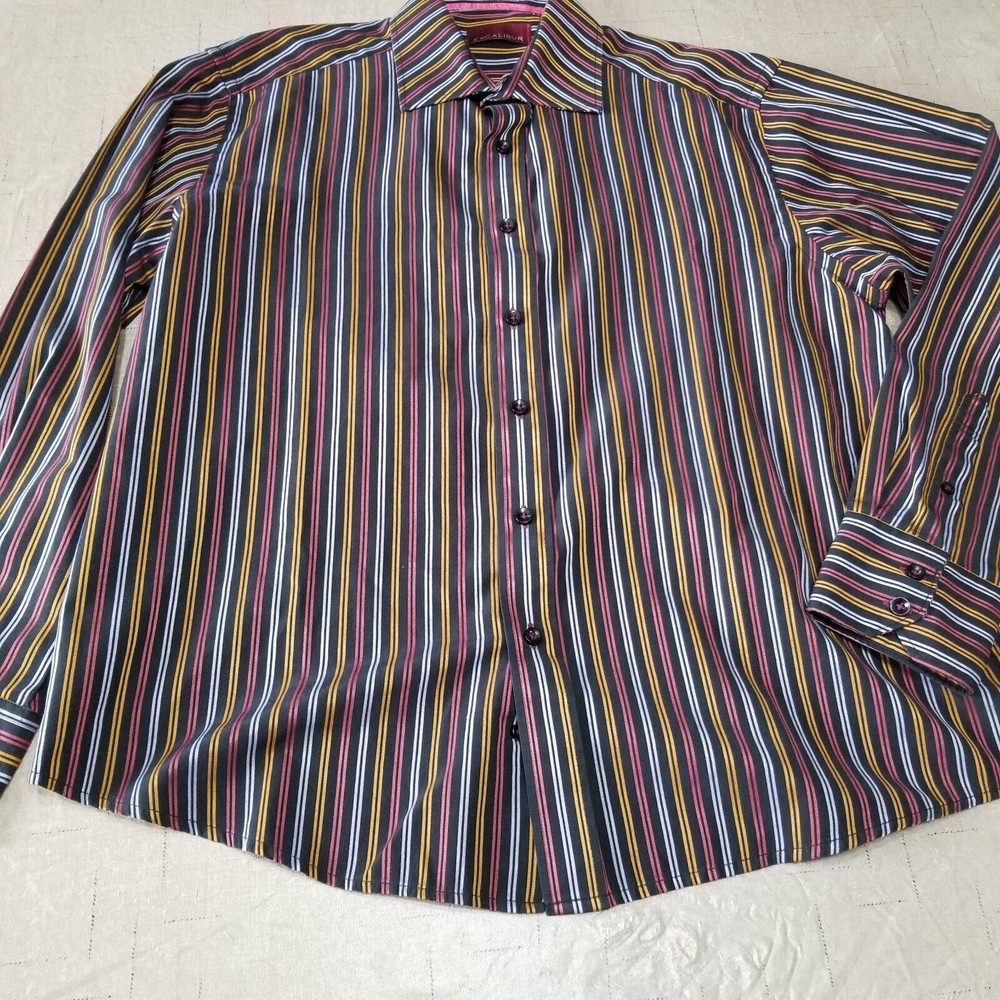 Men Dress Shirt Excalibur Black Size 44 Long Sleeve Button Up Striped - Picture 3 of 10
